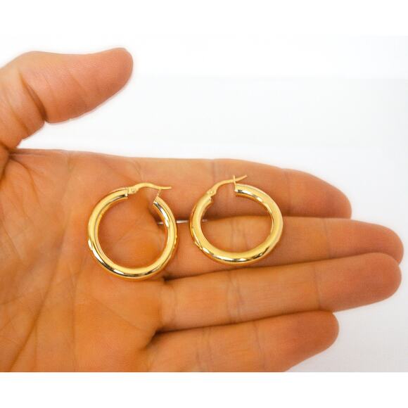 Thick Gold Tube Hoops, Real 10K Yellow Gold 4mm Chunky Earrings Stamp 10K Italy - Picture 4 of 4